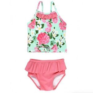 NWT! Ruffle Butts Pink Green Rosy Sweetheart Ruffle Tie Tankini Size 5